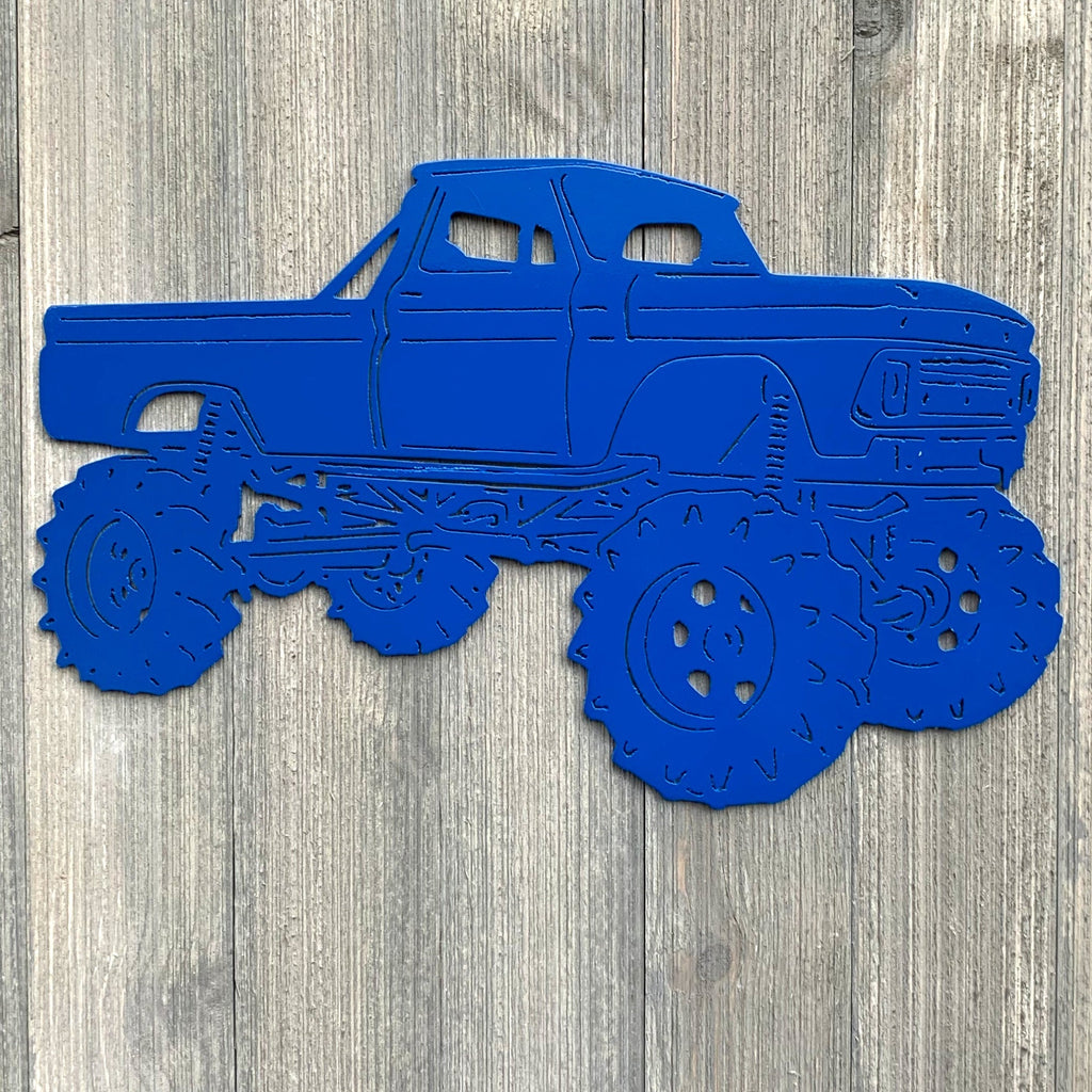 Monster Truck Metal Sign Cutout - Lifted Truck Powder Coated Metal Sign - Action-Packed Design for Truck Enthusiasts