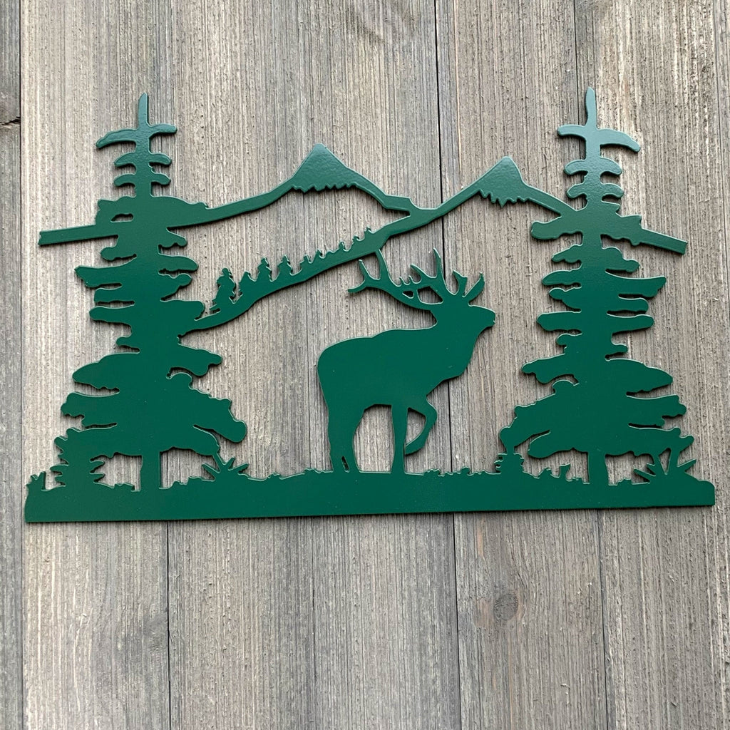 Elk Mountain Scene Metal Sign Cutout - Powder Coated Mountain Silhouette - Bull Elk - A Stunning and Majestic Addition to Your Home Decor!