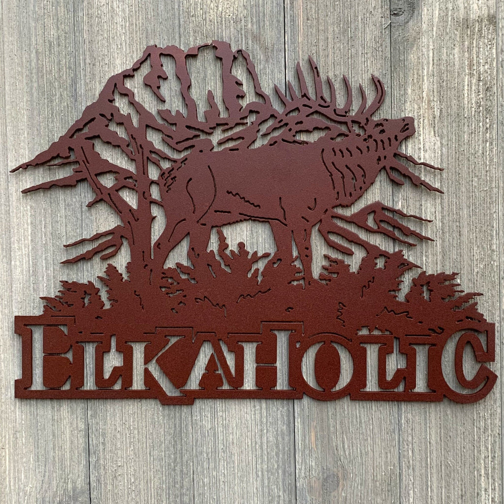 Elkaholic Metal Sign Cutout - Majestic Bull Elk Powder Coated Metal Sign - A Stunning Addition to Any Outdoor-Inspired Decor!