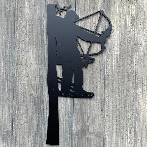 Archery Hunter Metal Sign Cutout - Silent Hunter: A Powder Coated Metal Sign Featuring an Archery Hunter in a Tree Stand