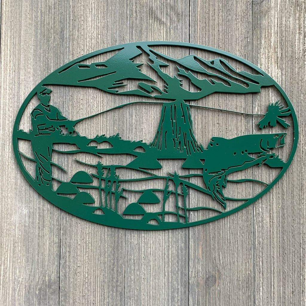 Fly Fishing Scene Metal Sign Cutout - Powder Coated Metal Fly Fishing Mountain Silhouette Scene Sign - Stunning Addition to Your Home Decor!