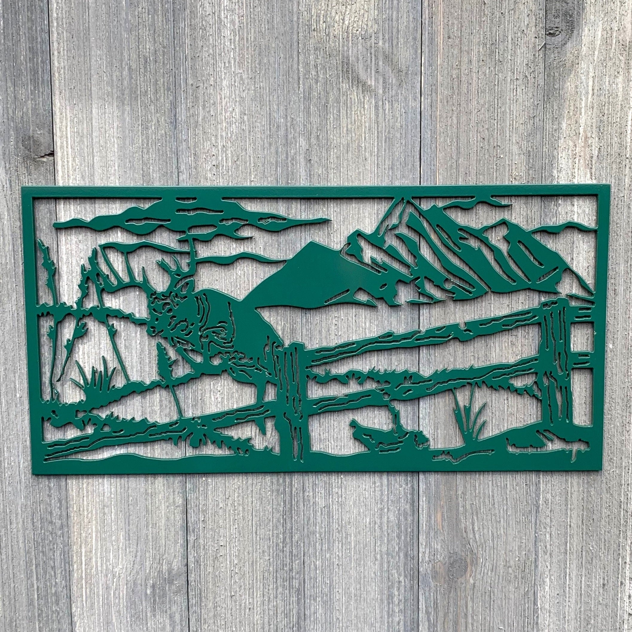 Deer Jumping fence Metal Sign Cutout - Powder Coated Metal Buck and Mountain Scene Sign - A Stunning, Majestic Addition to Your Home Decor!