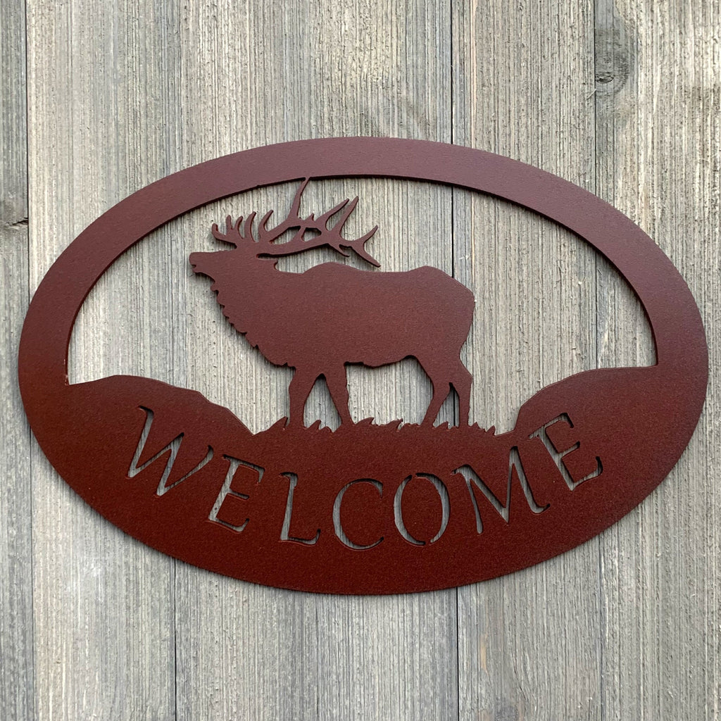 Elk Welcome Metal Sign Cutout - Majestic Elk Welcome Sign - Powder Coated Metal