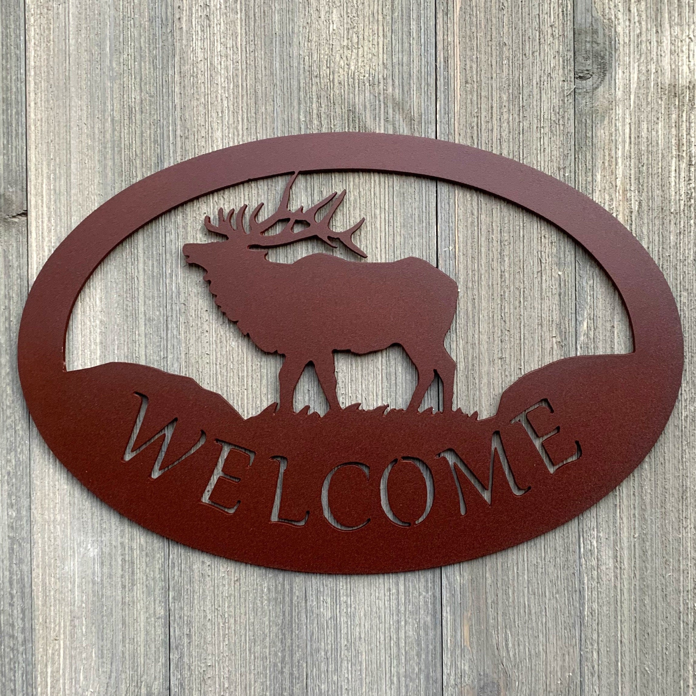 Elk Welcome Metal Sign Cutout - Majestic Elk Welcome Sign - Powder Coated Metal