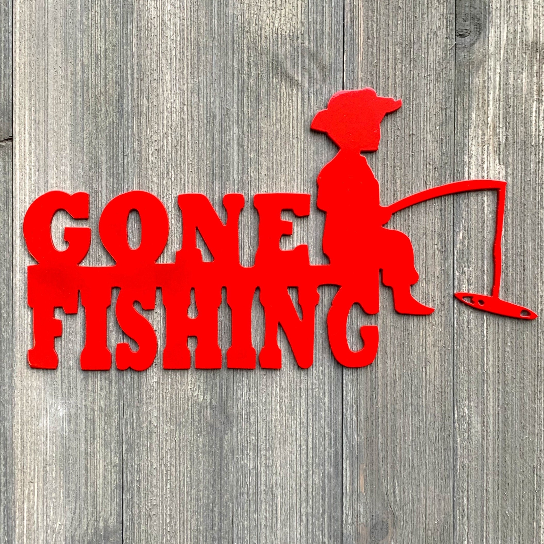 Gone Fishing Metal Sign Cutout - Gone Fishing: A Powder Coated Metal Sign Featuring a Boy Casting a Line