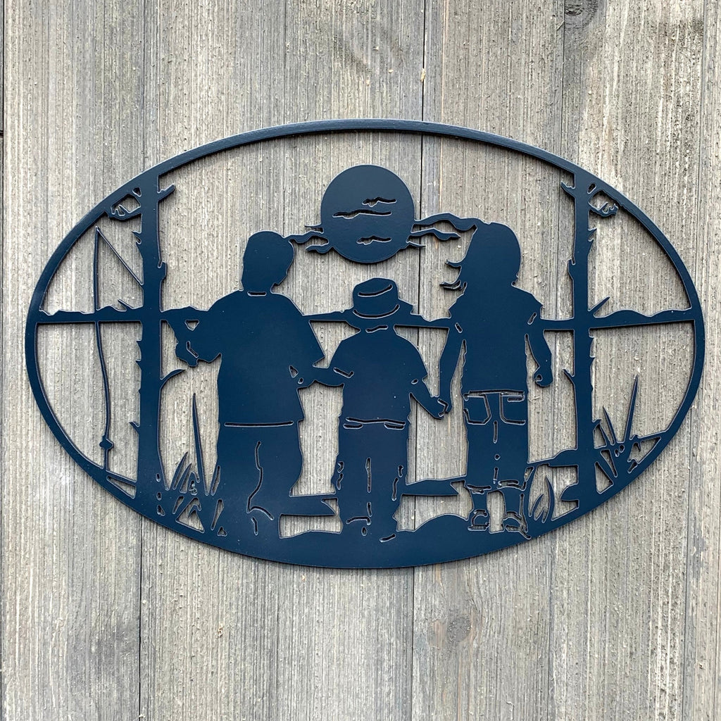 Kids Fishing Metal Sign Cutout -Capture the Joy and Wonder of Childhood: Powder Coated Sign Of Three Kids Walking Hand in Hand to Go Fishing