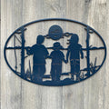 Kids Fishing Metal Sign Cutout -Capture the Joy and Wonder of Childhood: Powder Coated Sign Of Three Kids Walking Hand in Hand to Go Fishing