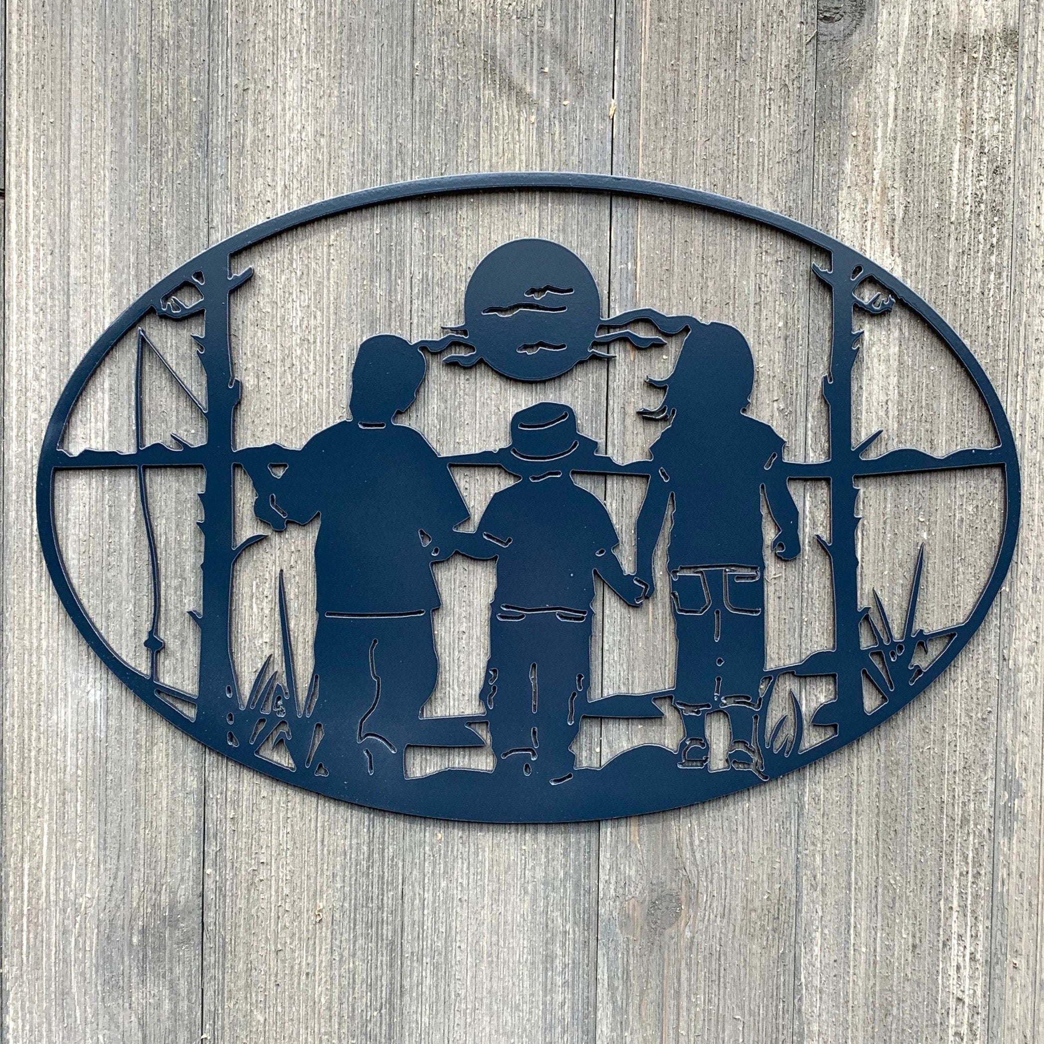 Kids Fishing Metal Sign Cutout -Capture the Joy and Wonder of Childhood: Powder Coated Sign Of Three Kids Walking Hand in Hand to Go Fishing