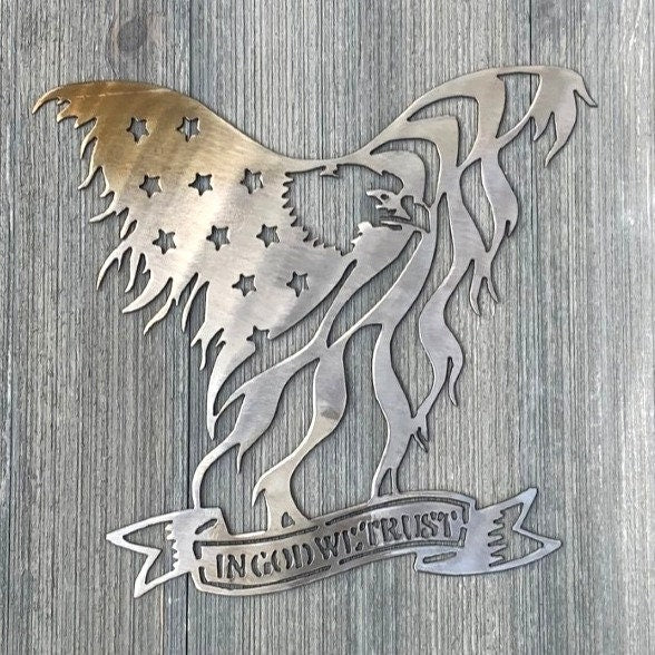 In God We Trust Eagle Metal Sign Cutout - Patriotic and Faith-Inspired In God We Trust USA Flag and Eagle Powder Coated Metal Sign