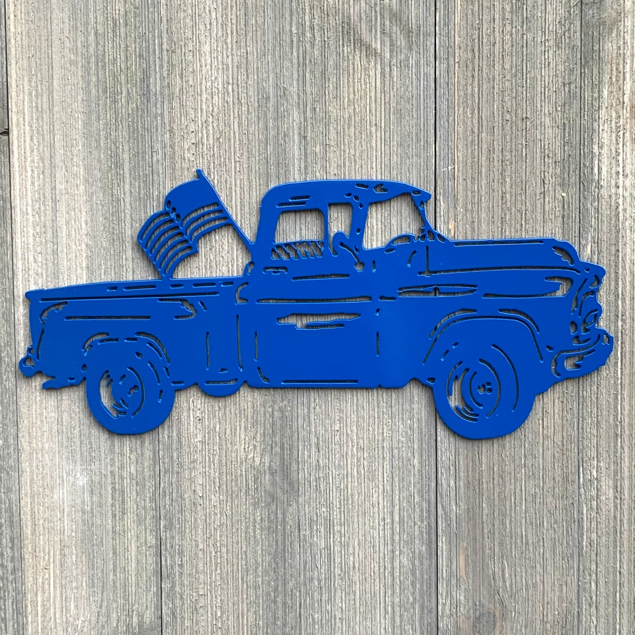 Vintage Truck With Flag Metal Sign Cutout - Classic American Truck and Flag Sign - Powder Coated Metal for a Patriotic Touch