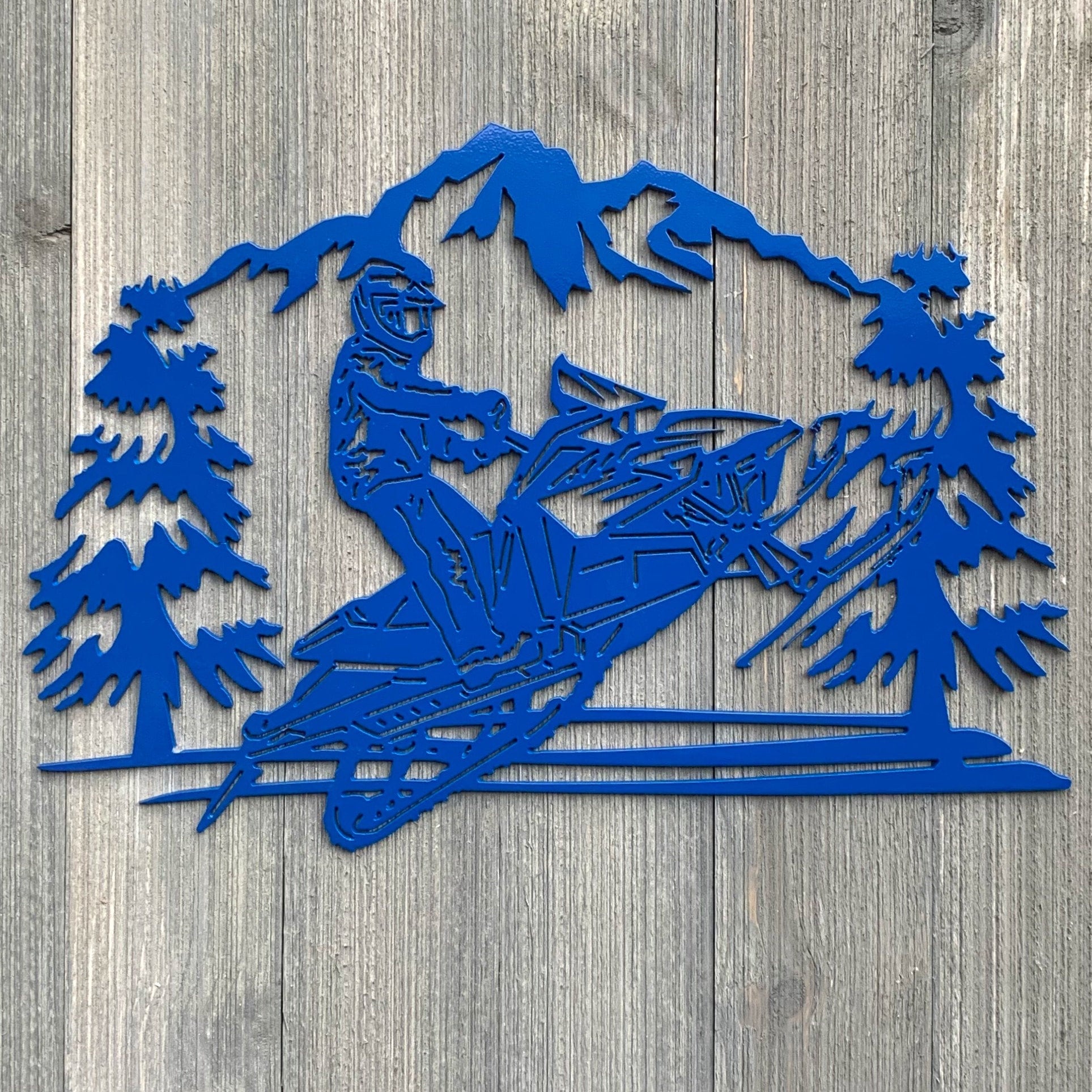 Snowmobile Scene Metal Sign Cutout - Custom Powder Coated Metal Snowmobile Scene Sign - A Winter Wonderland on Your Wall!
