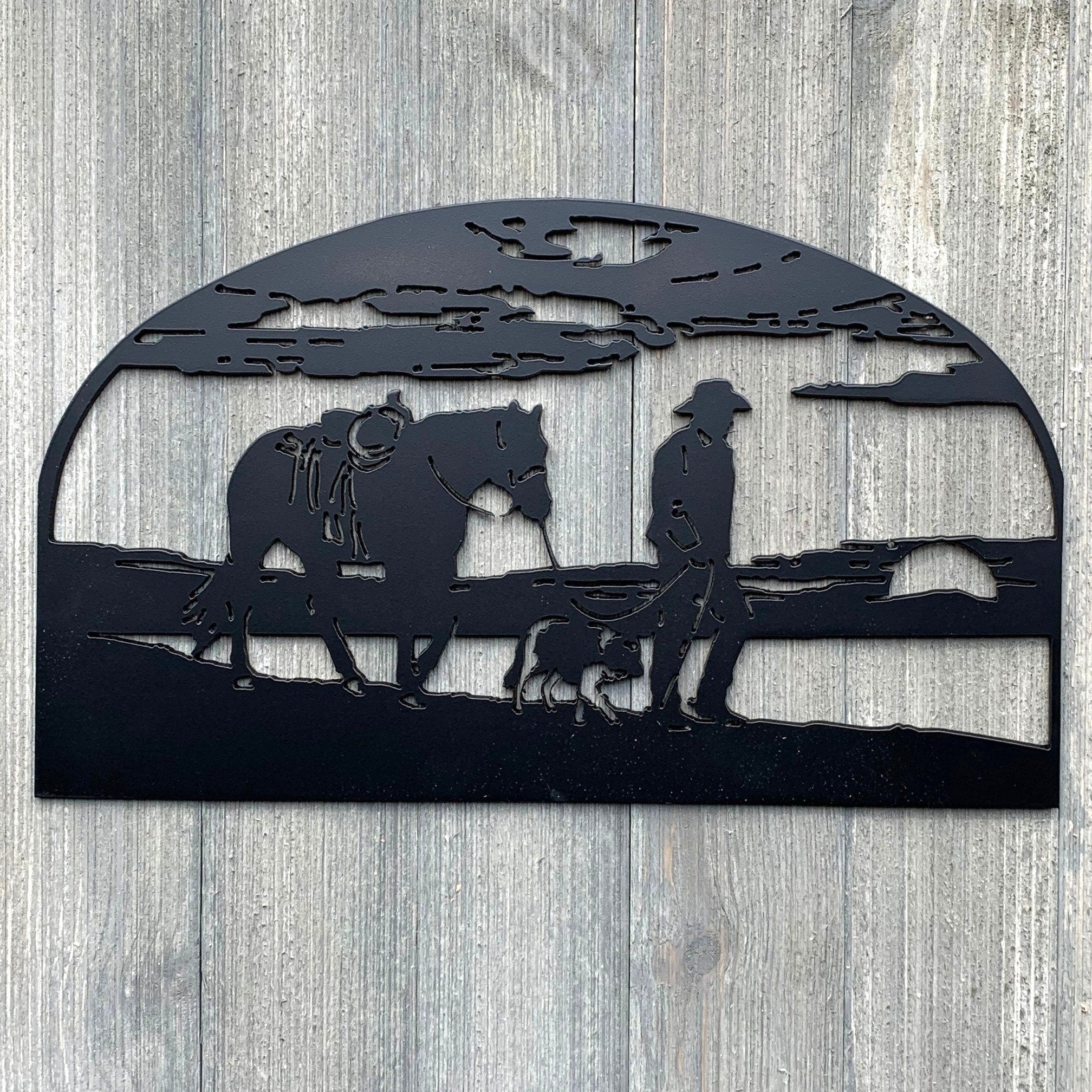 Cowboy Scene Metal Sign Cutout - Lone Cowboy Walking into Sunset with Horse and Dog Metal Wall Art Sign