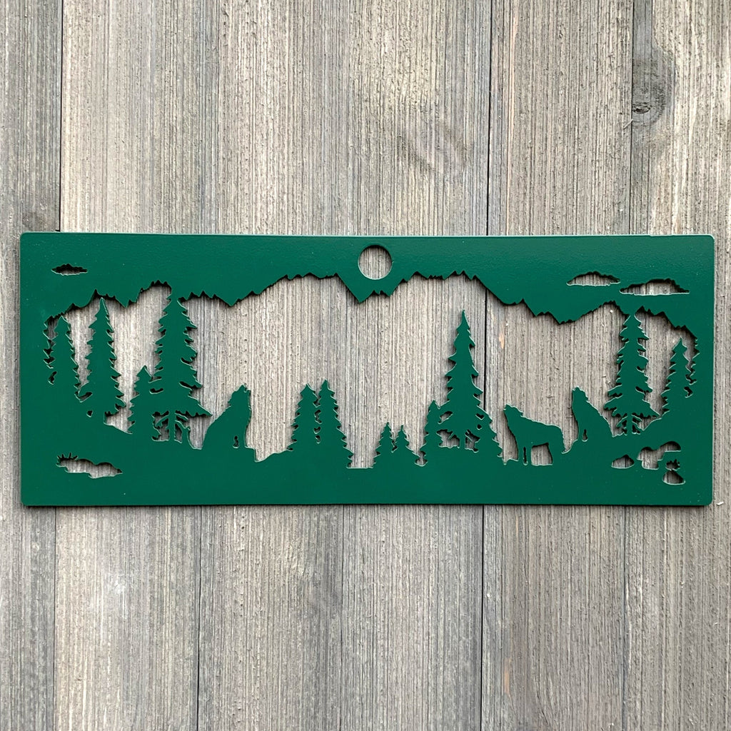 Scenic Wolf Metal Sign Cutout - Mountain and Wolves Powder Coated Metal Sign - A Stunning Addition to Any Outdoor-Inspired Decor!