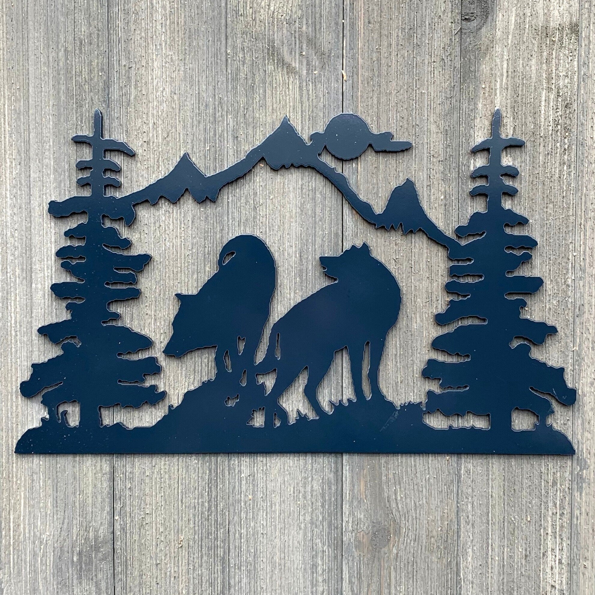 Night Wolf Scene Metal Sign Cutout - Majestic Mountain and Wolf Metal Sign - A Stunning and Eye-Catching Addition to Your Home Decor!