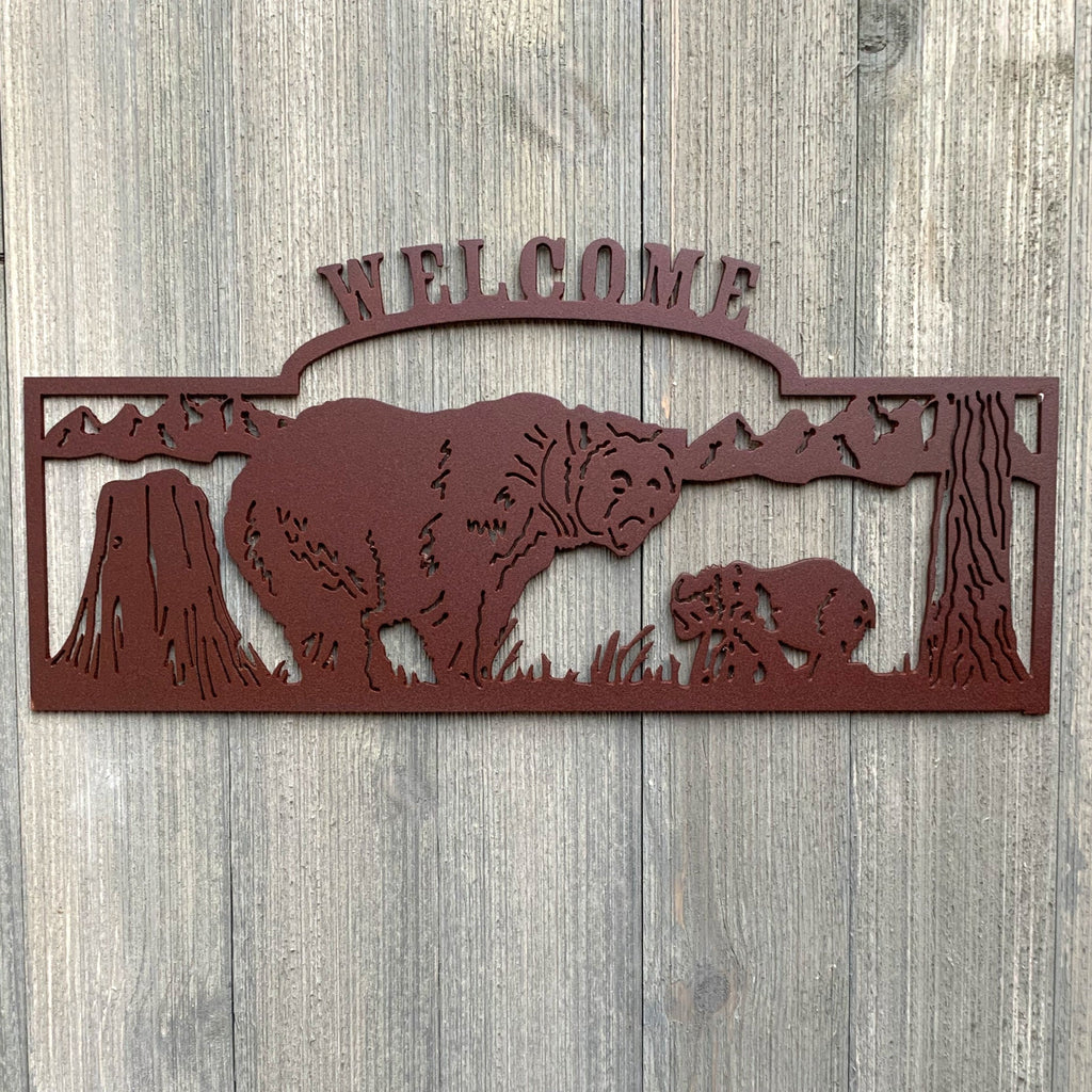 Welcome- Bear Metal Sign Cutout - Majestic Welcome Sign - Powder Coated Metal - Bear and Cub