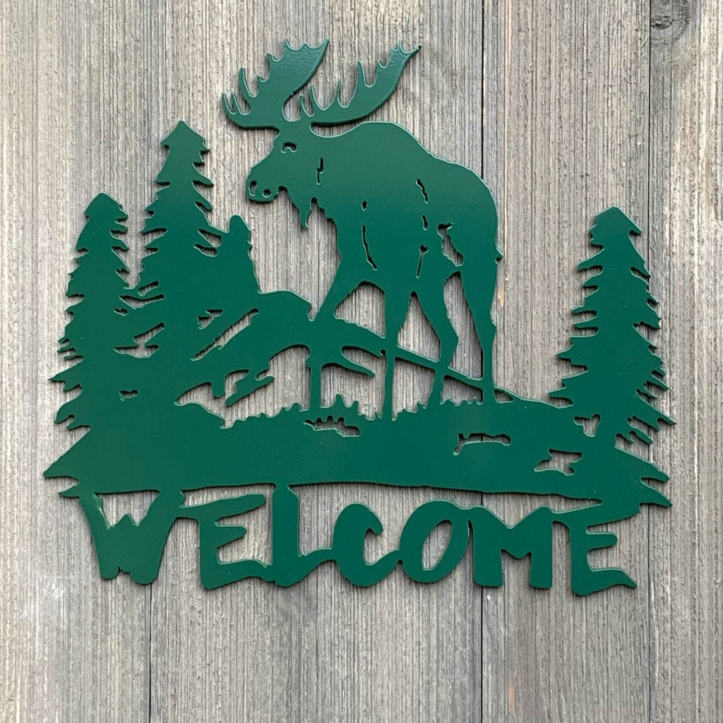 Welcome- Moose Metal Sign Cutout - Nature's Welcome Sign - Powder Coated Metal - Moose and Mountains