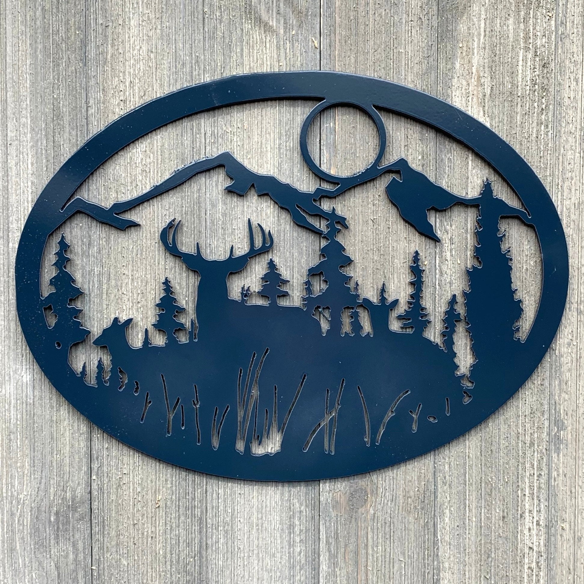 Night Forest Scene Metal Sign Cutout - Majestic Deer and Scenic Mountain View Powder Coated Metal Sign - A Stunning Addition to Any Space!