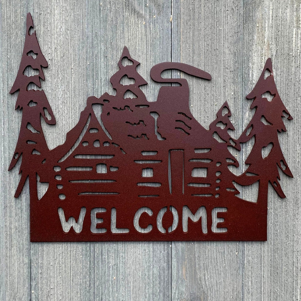 Welcome- Cabin Metal Sign Cutout - Cozy Cabin Welcome Sign - Powder Coated Metal - Surrounded by a Forest - Trees
