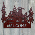 Welcome- Cabin Metal Sign Cutout - Cozy Cabin Welcome Sign - Powder Coated Metal - Surrounded by a Forest - Trees