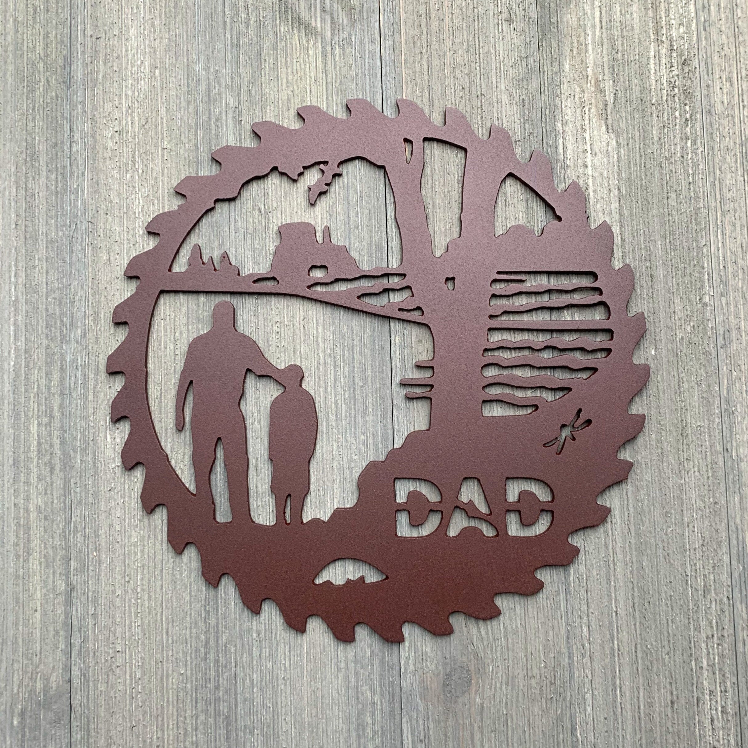 Sawblade Dad Metal Sign Cutout - Sawblade Sign - Powder Coated Metal - Tractor, Crops, and Father and Son - Gift for Dad