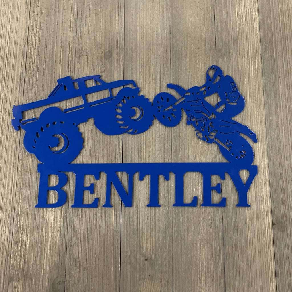 Personalized Kids Name Wall Hanging Metal Sign Cutout - Custom Kids Name Sign - Powder Coated Metal Sign with Monster Truck and Dirt Bike