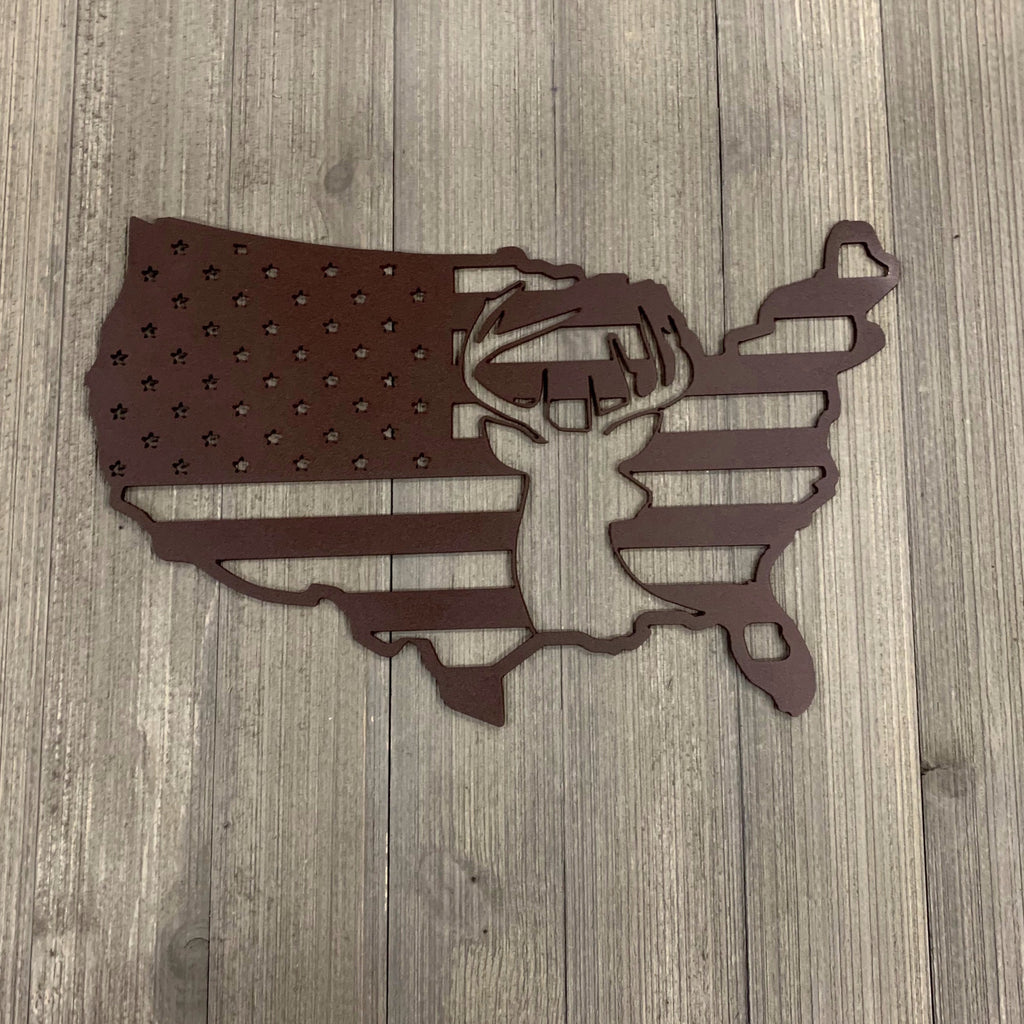 Deer USA Flag Metal Sign Cutout - Patriotic and Wildlife-Inspired Trophy Buck American Flag Powder Coated Metal Sign