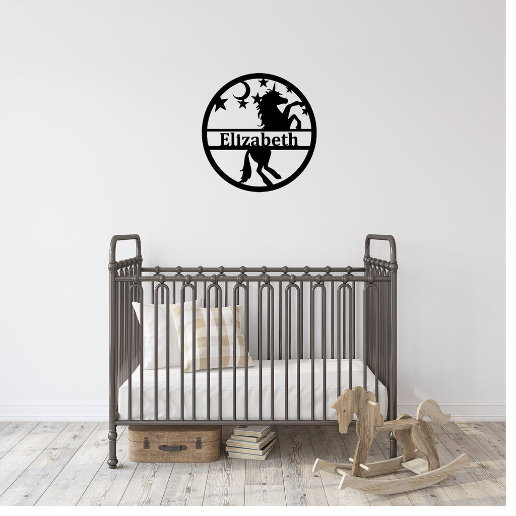 Personalized Unicorn Monogram - Custom Unicorn Name Sign - Personalized Powder Coated Metal Sign with Stars and Moon for Kids Room