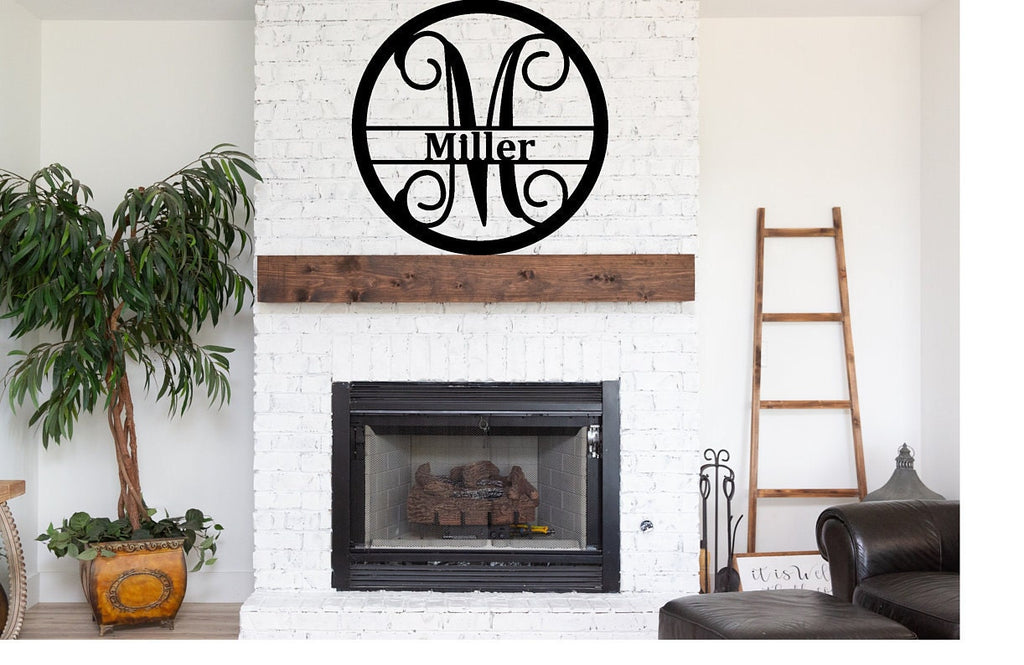 Personalized Name Monogram - Custom Monogram Sign with Large Script Initial - Personalized Powder Coated Metal Sign with Family Name