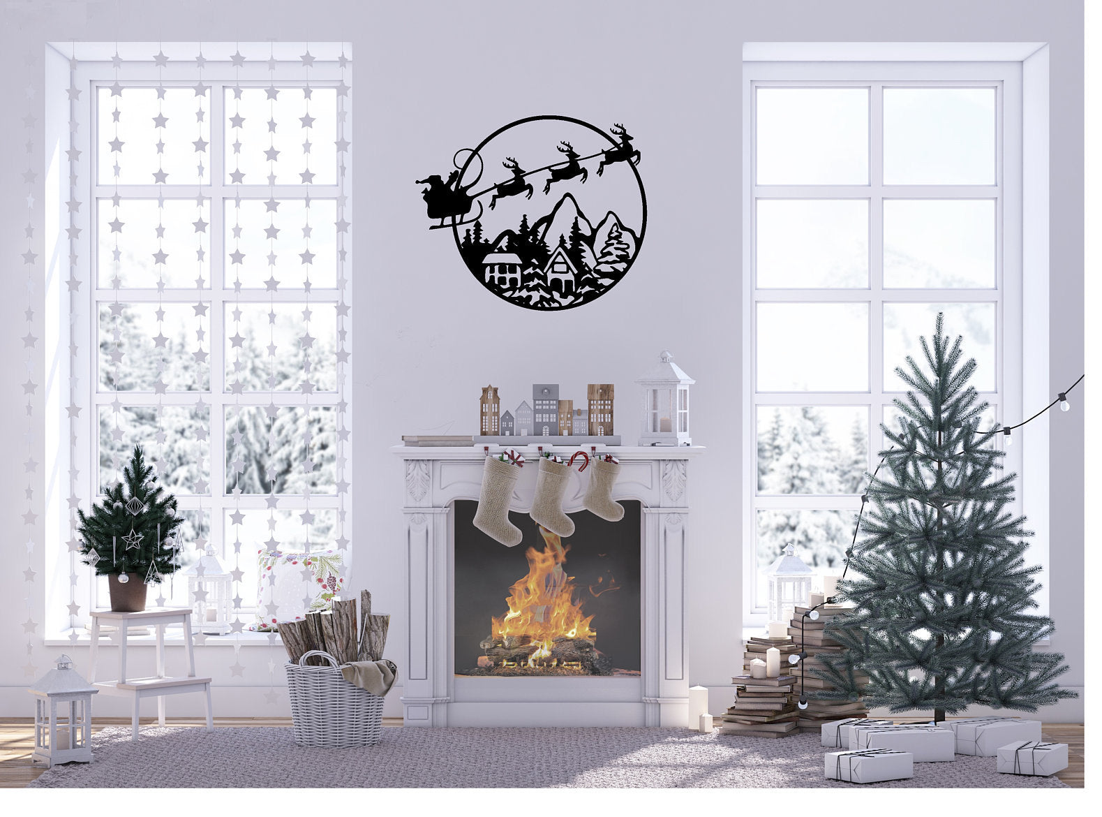 Santa Christmas Scene Metal Sign Cutout - Santa & His Sleigh Fly Over Town -Powder Coated Metal Sign -Christmas Decor - Christmas Decoration