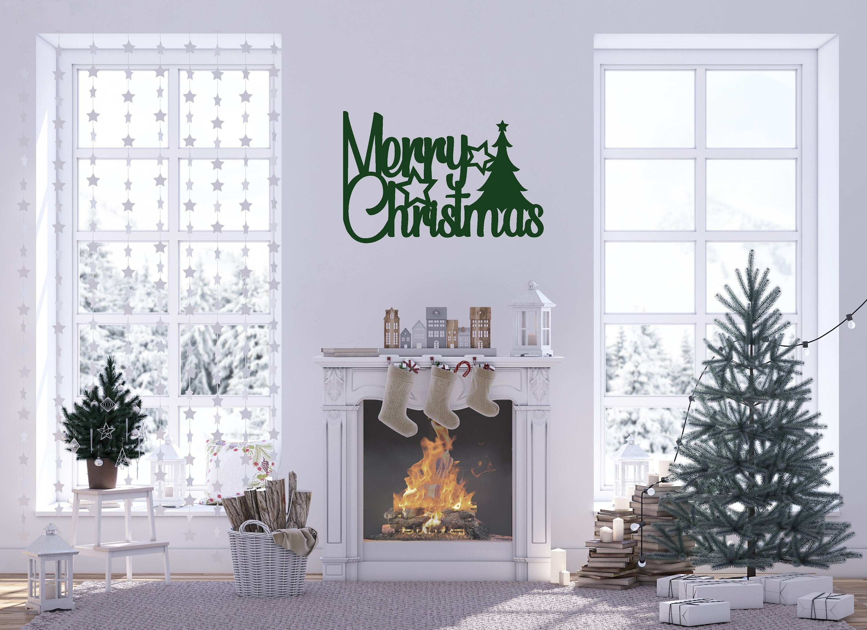 Merry Christmas Metal Sign Cutout - Merry Christmas Tree & Stars Metal Sign - Powder Coated for Durability