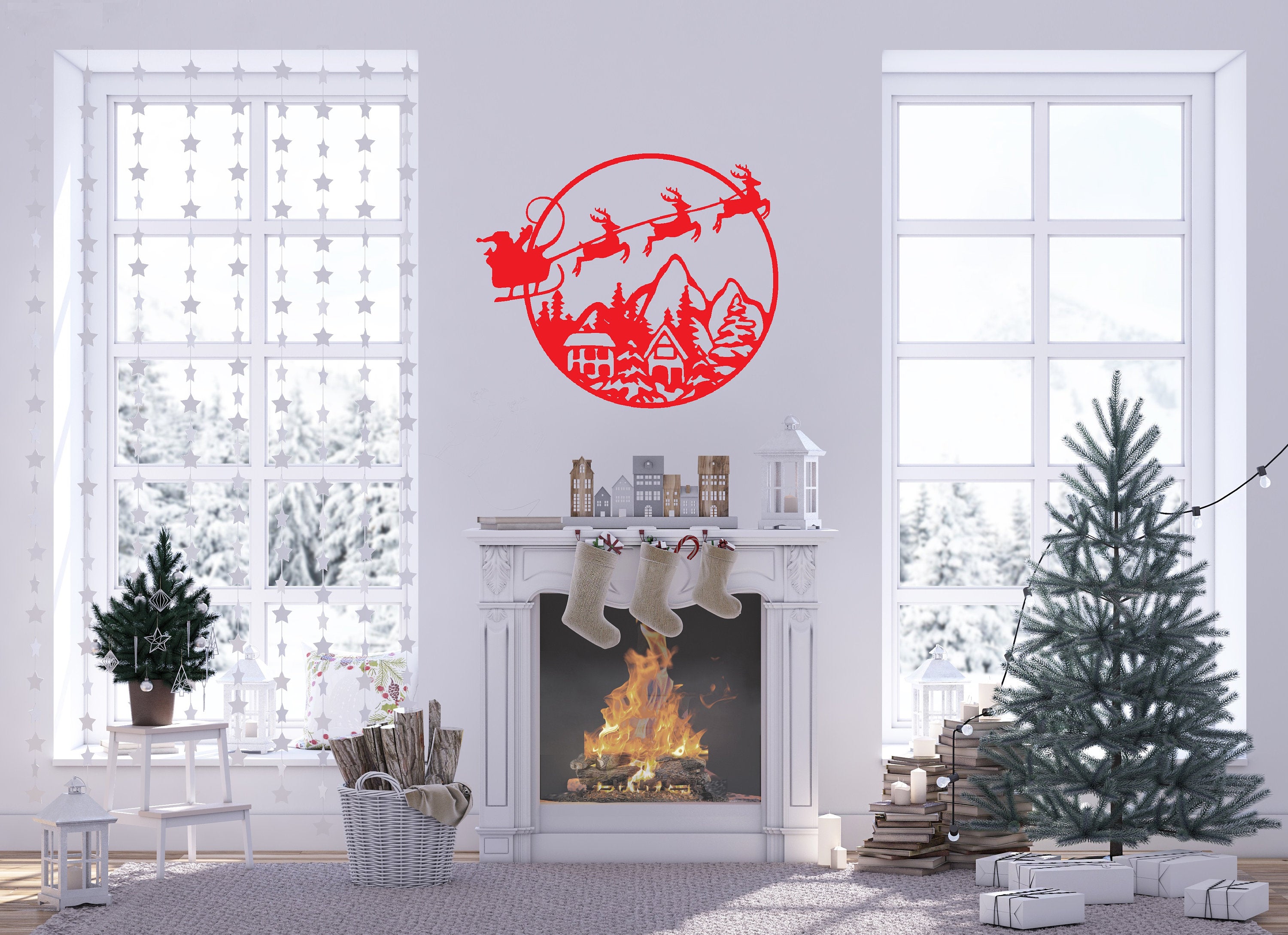Santa Christmas Scene Metal Sign Cutout - Santa & His Sleigh Fly Over Town -Powder Coated Metal Sign -Christmas Decor - Christmas Decoration