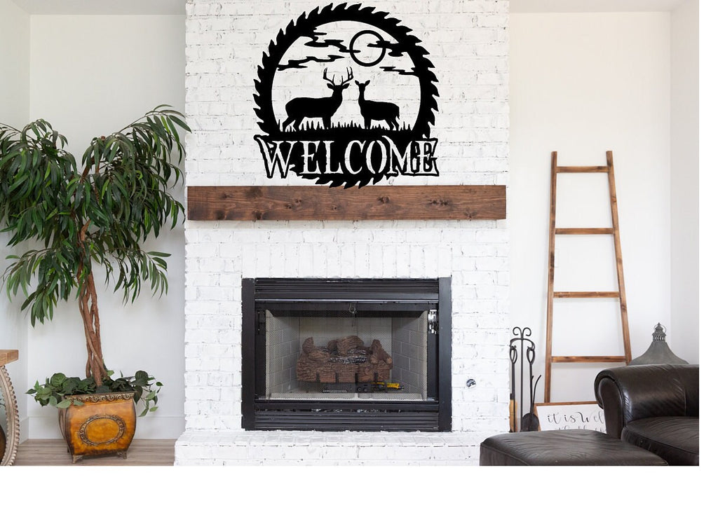 Deer Sawblade Welcome Metal Sign - awblade Welcome Sign - Powder Coated Metal - Deer in a Meadow