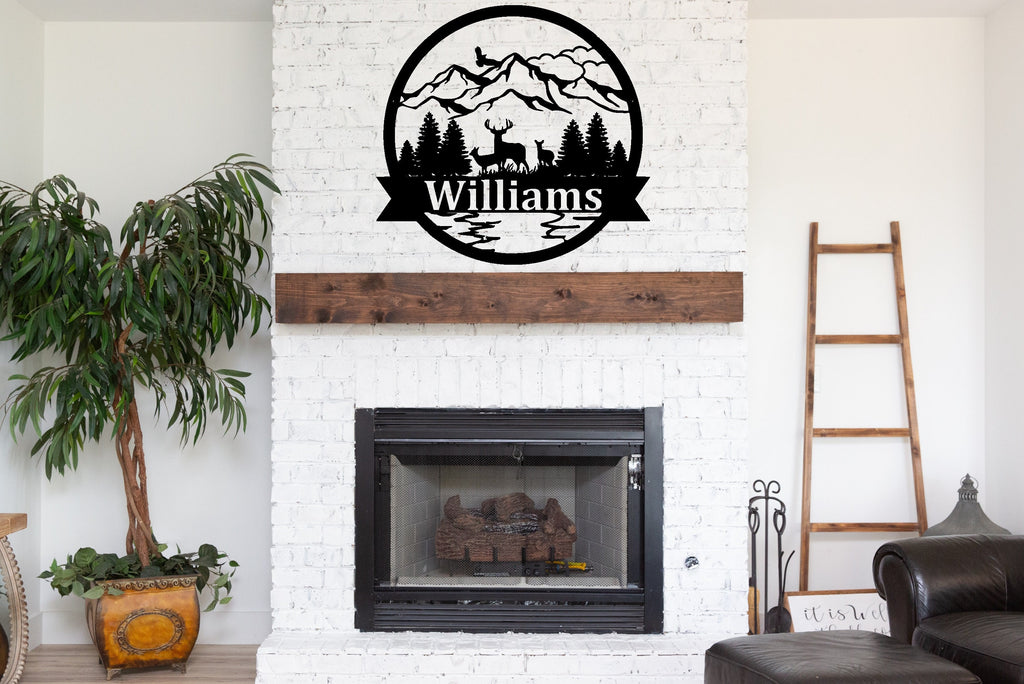 Personalized Deer Scene Monogram - Custom Deer Sign - Personalized Powder Coated Metal Name Sign with Scenic Background - Family Name Sign