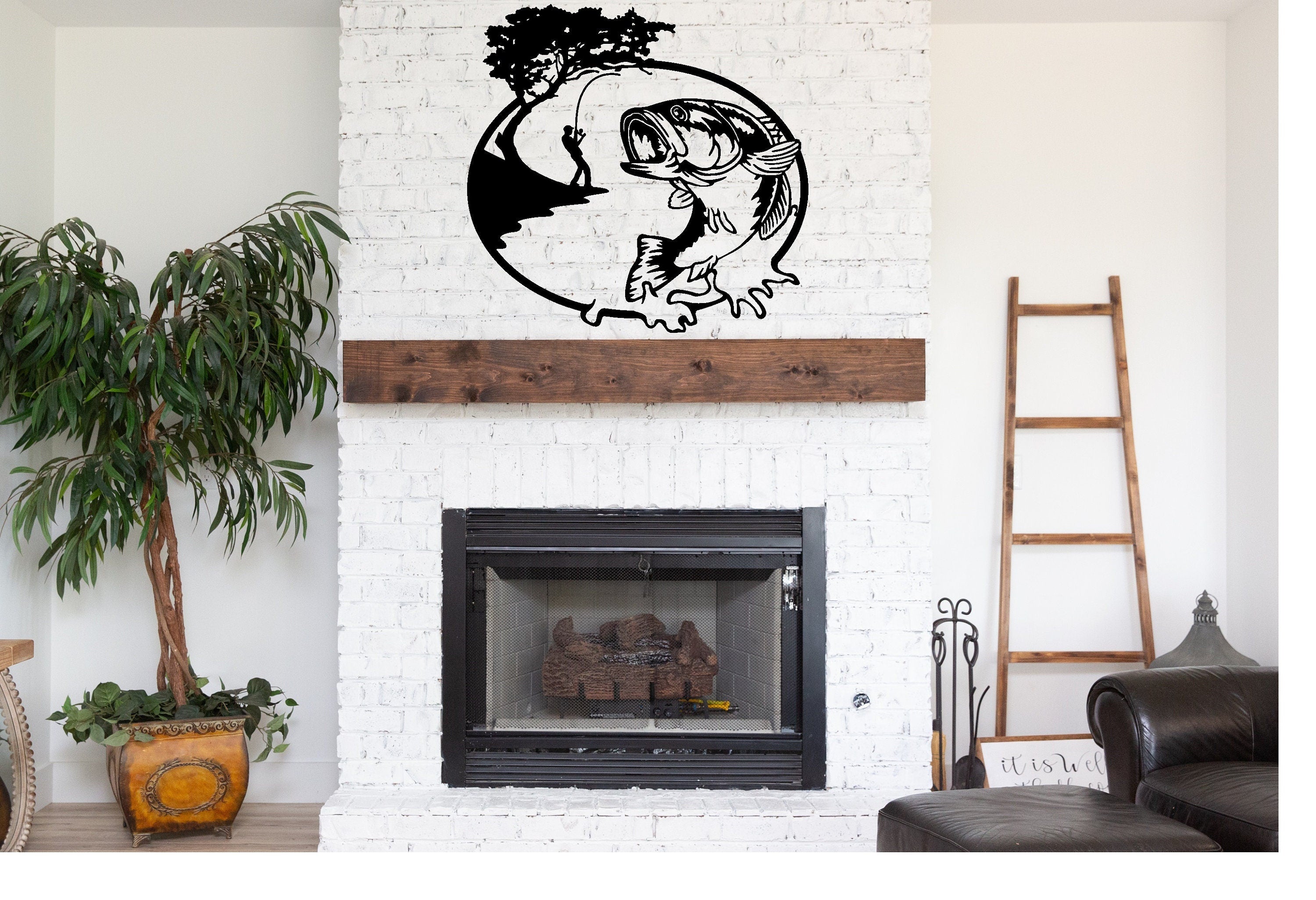 Large Mouth Bass Fishing Scene Metal Sign Cutout - Fisherman and Bass Powder Coated Sign -A Stunning Addition to Any Outdoor-Inspired Decor!