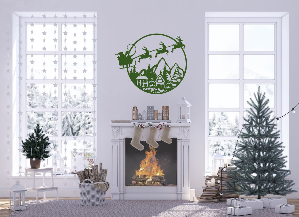 Santa Christmas Scene Metal Sign Cutout - Santa & His Sleigh Fly Over Town -Powder Coated Metal Sign -Christmas Decor - Christmas Decoration