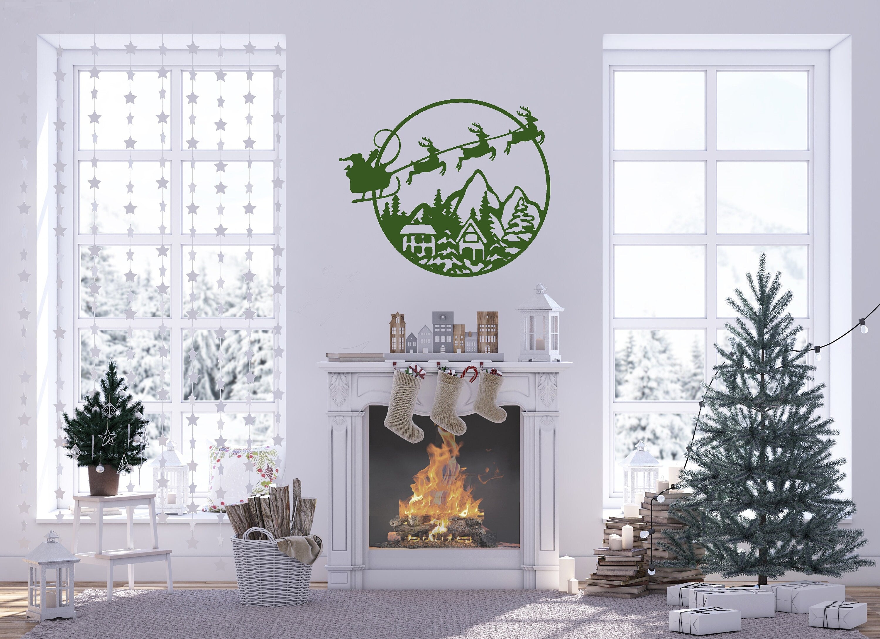 Santa Christmas Scene Metal Sign Cutout - Santa & His Sleigh Fly Over Town -Powder Coated Metal Sign -Christmas Decor - Christmas Decoration