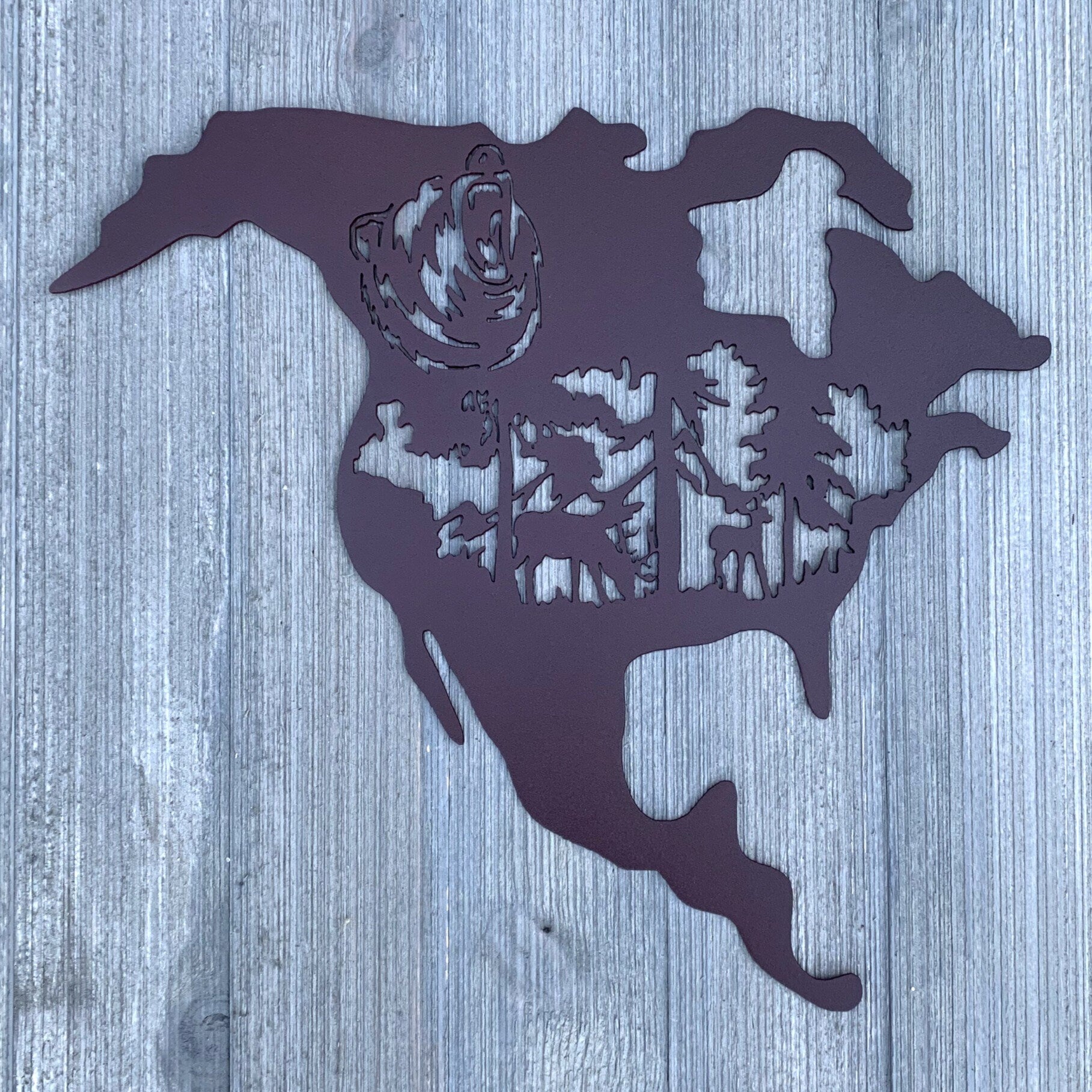 North America Nature Scene Metal Sign Cutout -North America Outline - Wildlife Powder Coated Sign -Great Addition to Outdoor-Inspired Decor