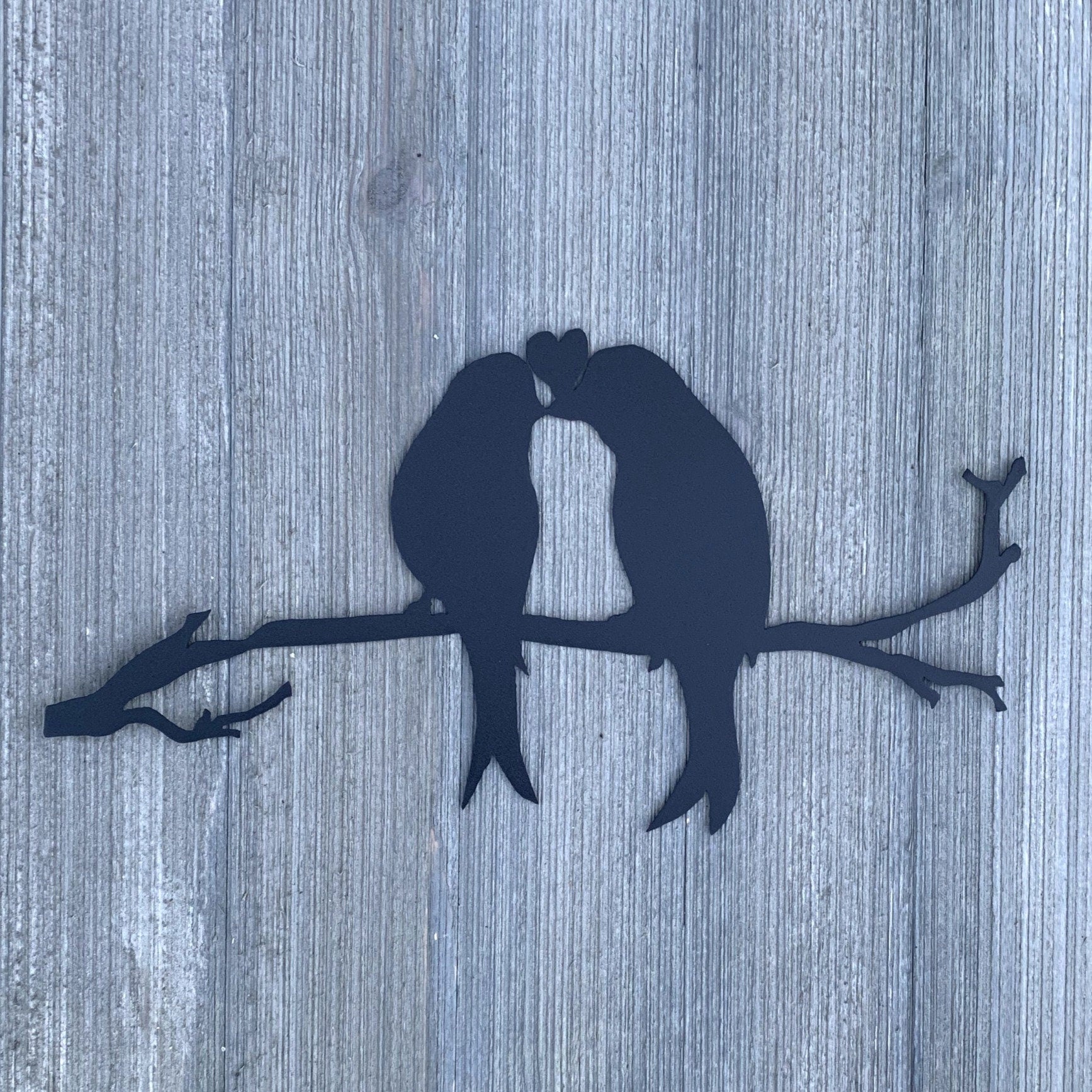 Love Birds Metal Sign Cutout - Two Birds on a Branch Kissing Heart Metal Sign - Powder Coated for Durability