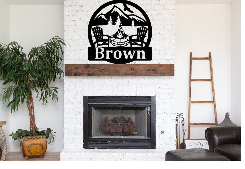 Personalized Firepit Monogram - Custom Family Name Sign - Personalized Powder Coated Metal Sign with Firepit and Scenic Background Design
