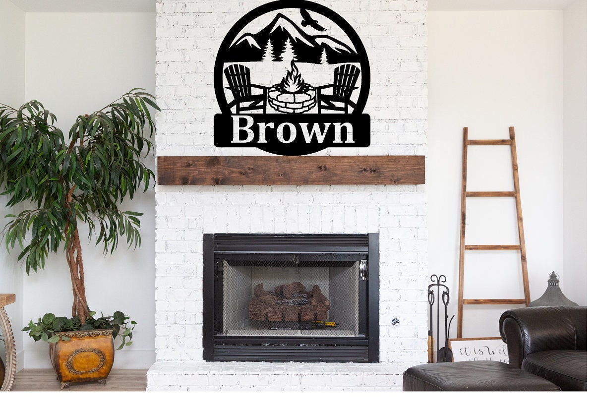 Personalized Firepit Monogram - Custom Family Name Sign - Personalized Powder Coated Metal Sign with Firepit and Scenic Background Design
