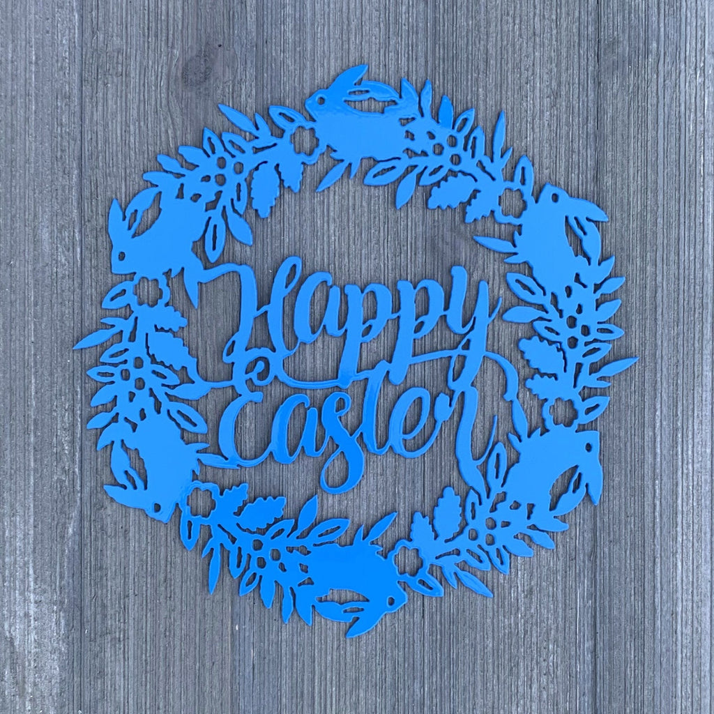 Happy Easter Wreath Metal Sign Cutout - Happy Easter Wreath Sign - Powder Coated Metal - Bunnies and Floral Decor