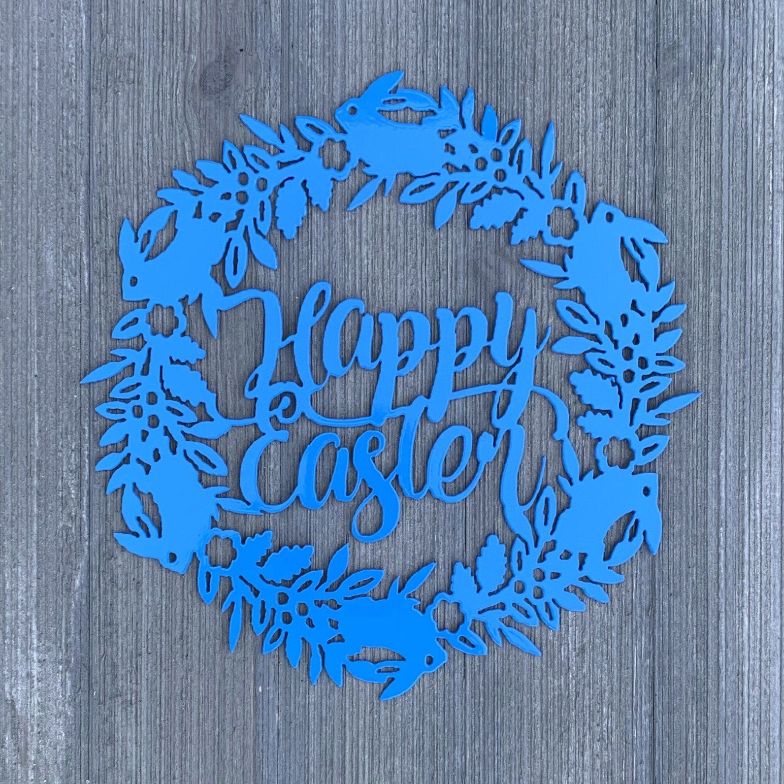 Happy Easter Wreath Metal Sign Cutout - Happy Easter Wreath Sign - Powder Coated Metal - Bunnies and Floral Decor