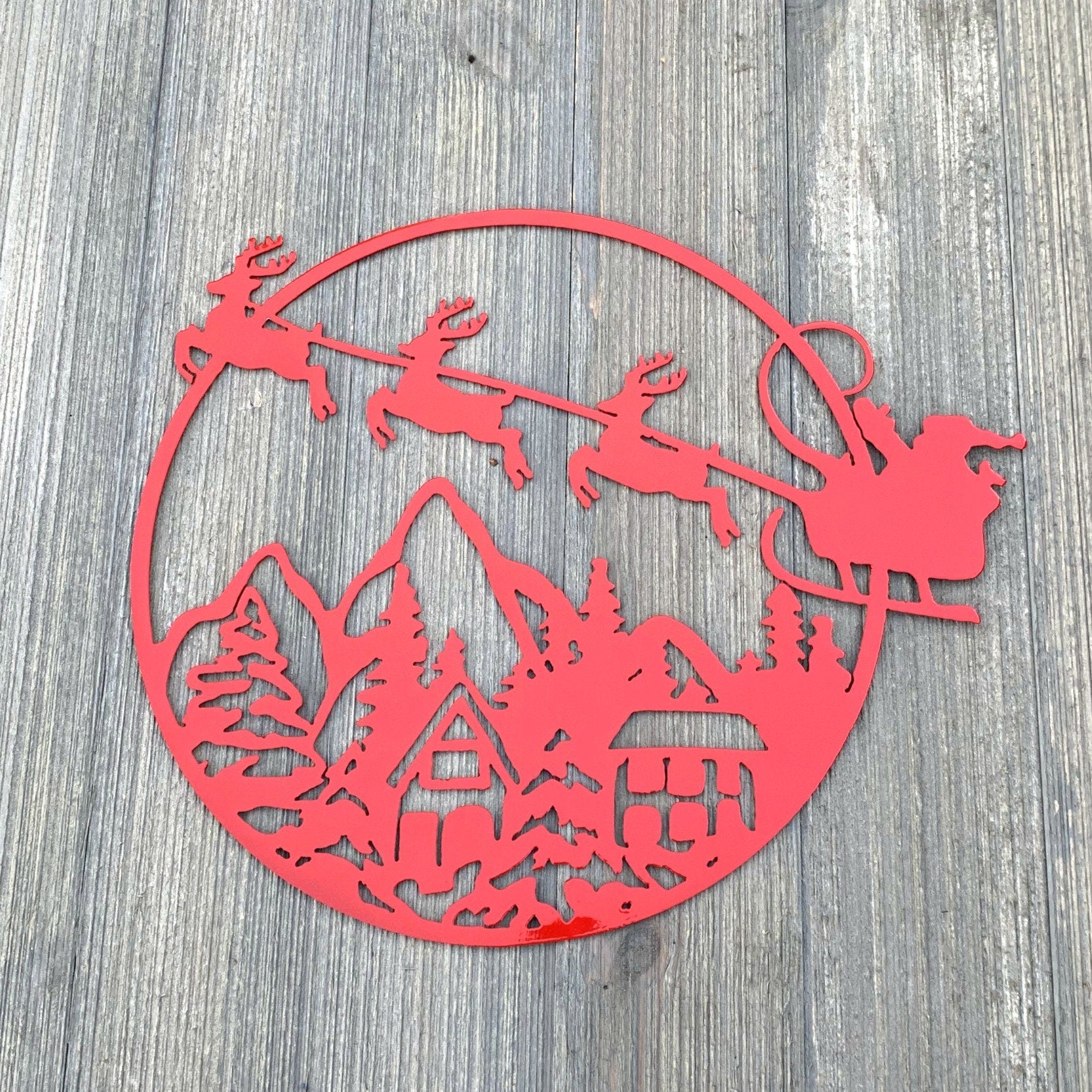 Santa Christmas Scene Metal Sign Cutout - Santa & His Sleigh Fly Over Town -Powder Coated Metal Sign -Christmas Decor - Christmas Decoration