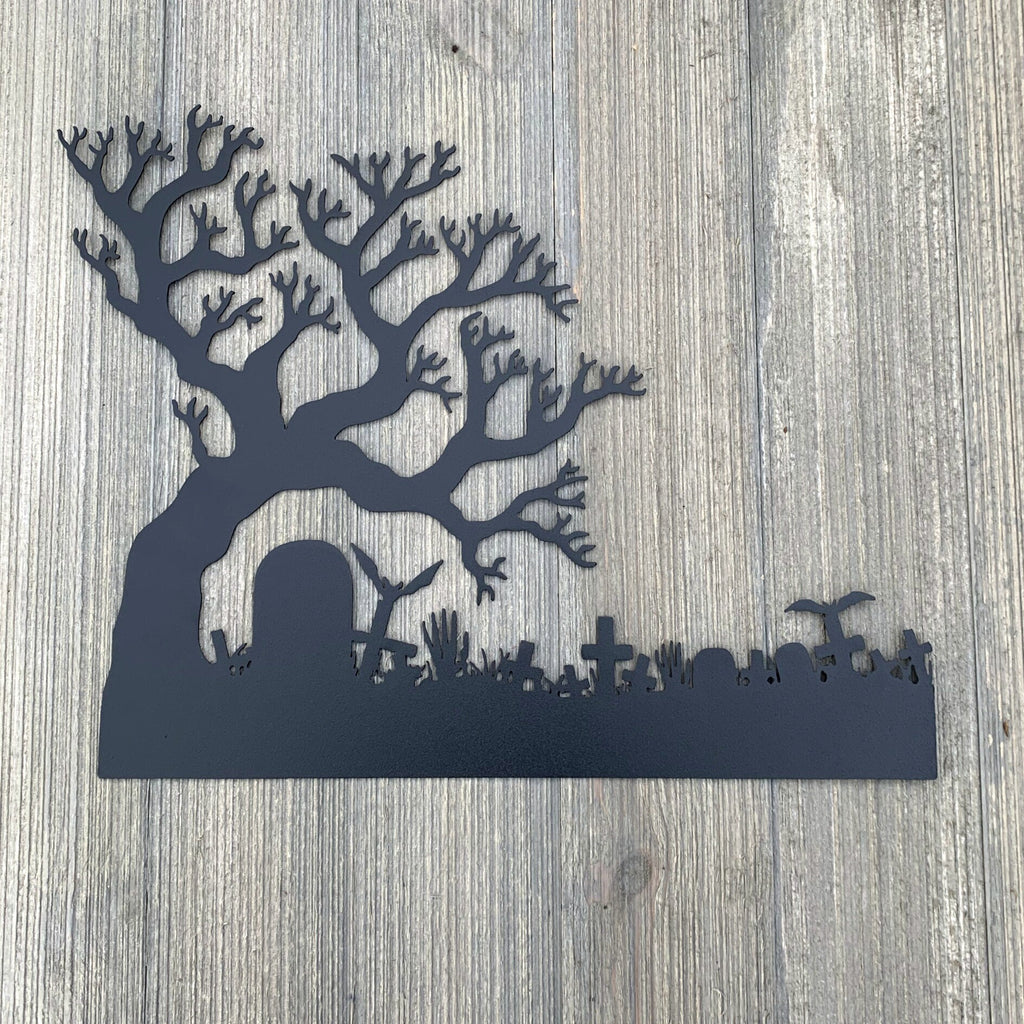 Graveyard Metal Sign Cutout - Spooky Graveyard Scene Metal Sign - Powder Coated for Durability - Halloween Decor - Halloween Decoration