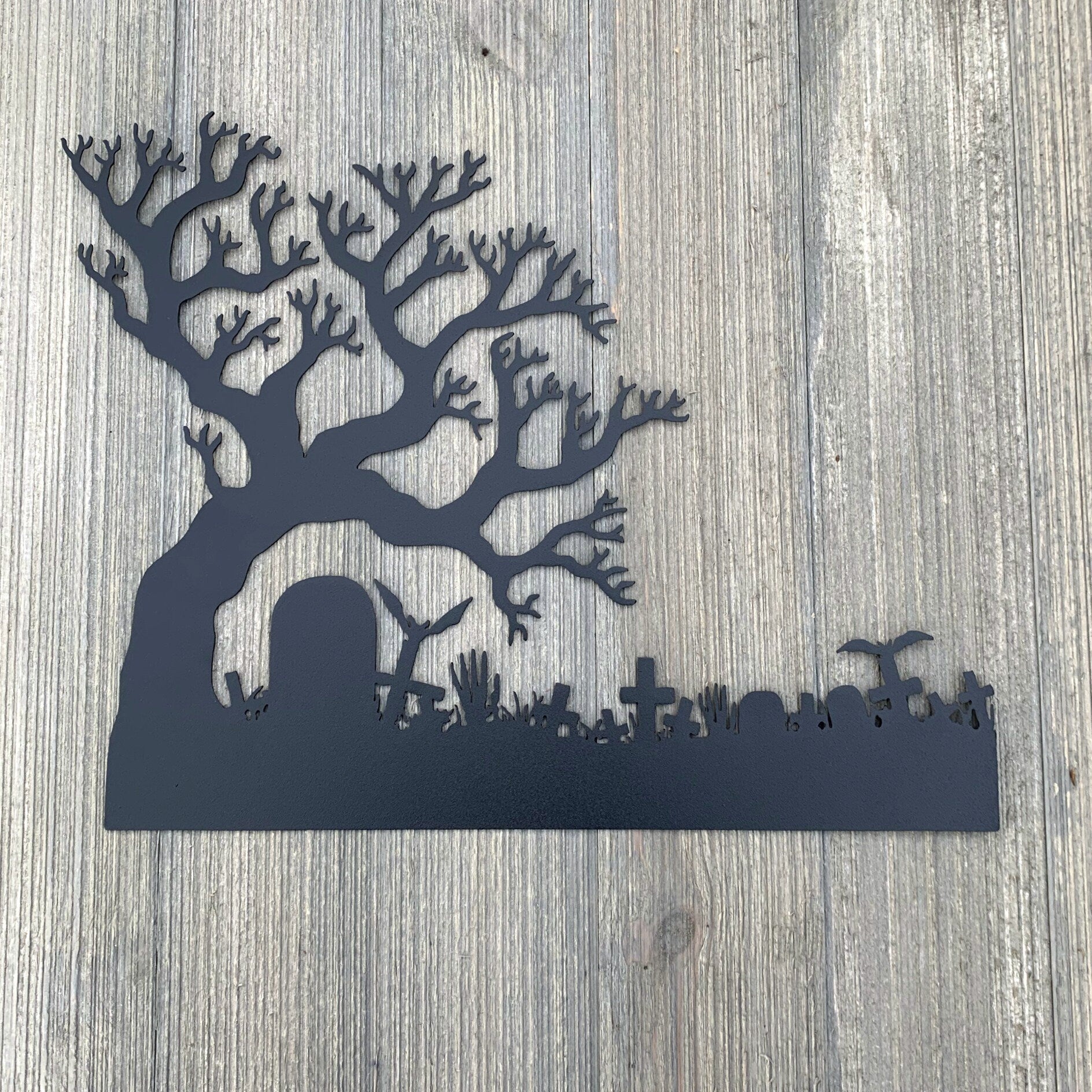 Graveyard Metal Sign Cutout - Spooky Graveyard Scene Metal Sign - Powder Coated for Durability - Halloween Decor - Halloween Decoration