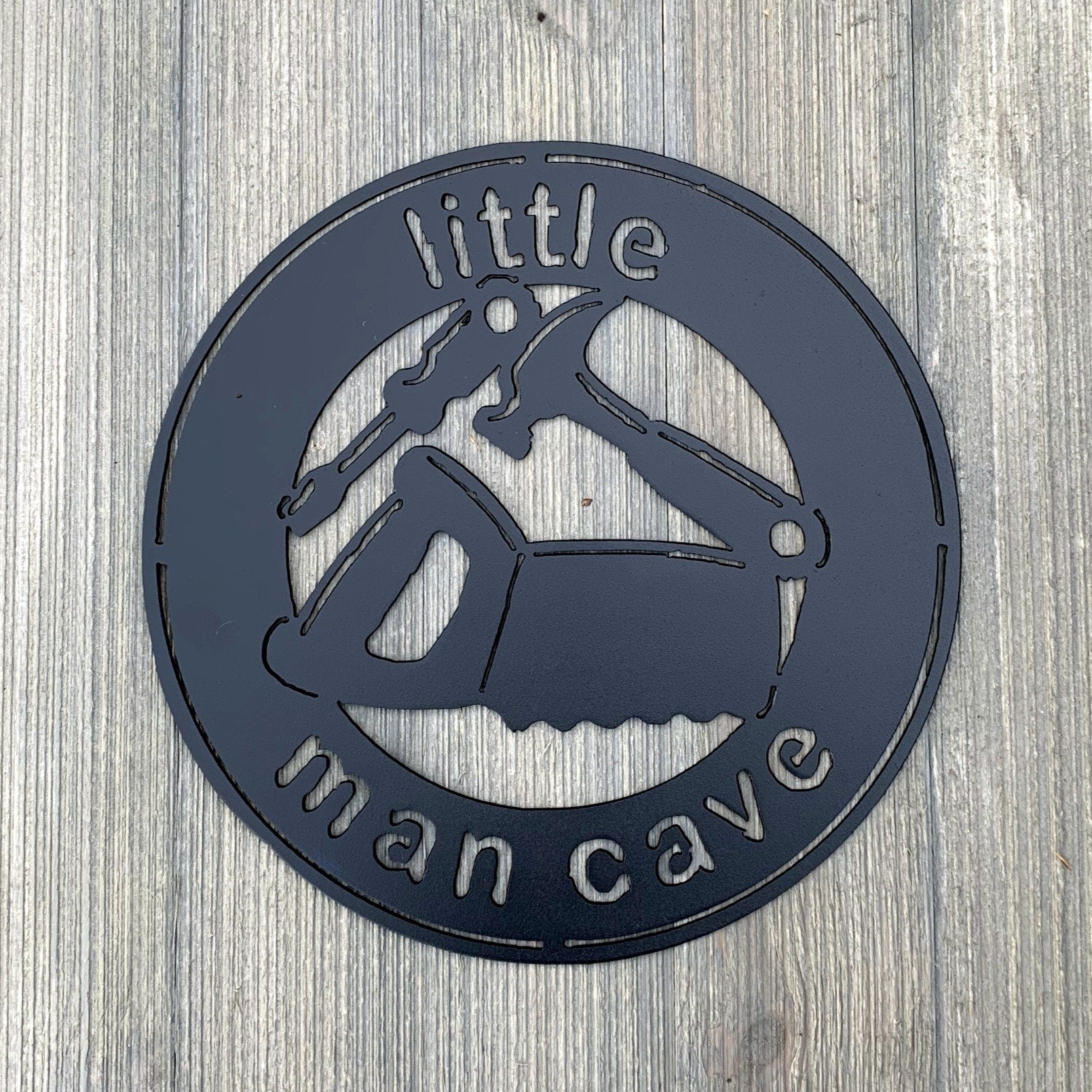 Little Man Cave Metal Sign Cutout - Little Man Cave Powder Coated Metal Sign - Hand Saw, Hammer, and Screwdriver Kids Room or Nursery Decor