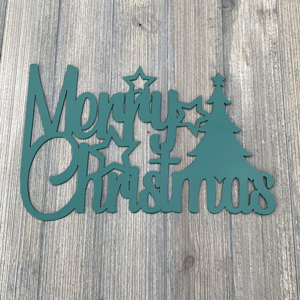 Merry Christmas Metal Sign Cutout - Merry Christmas Tree & Stars Metal Sign - Powder Coated for Durability