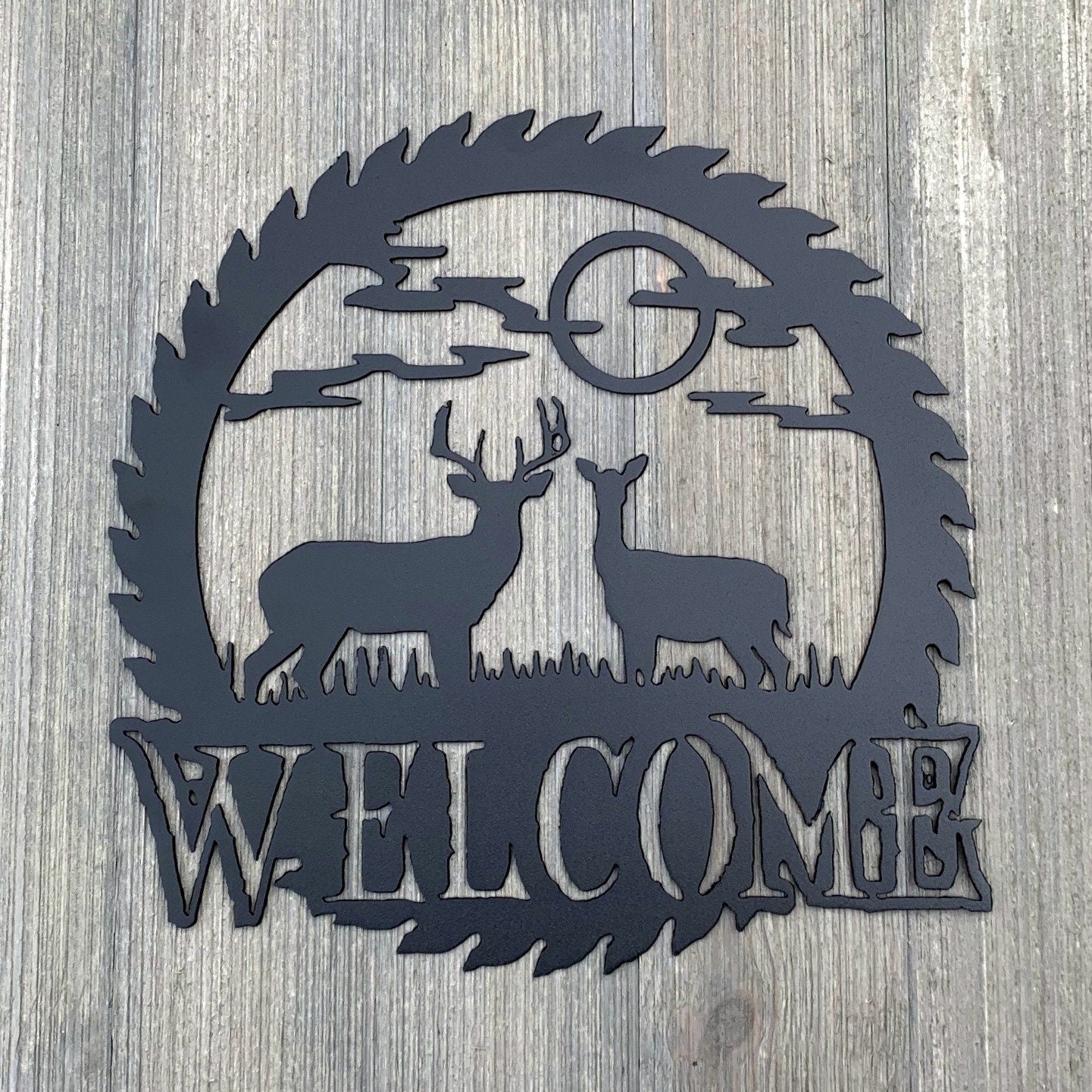 Deer Sawblade Welcome Metal Sign - awblade Welcome Sign - Powder Coated Metal - Deer in a Meadow