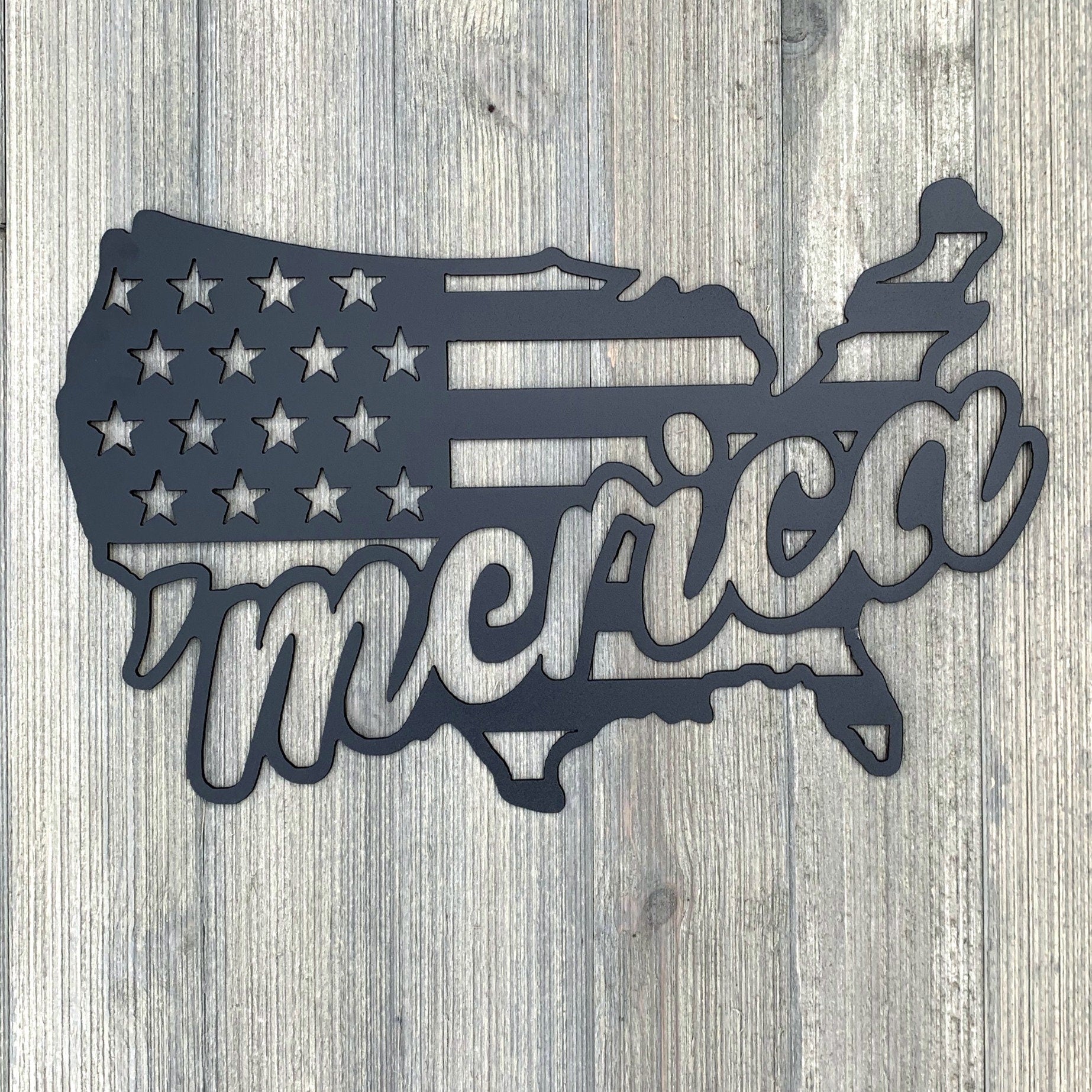 Merica Flag Metal Sign Cutout - 'Merica Powder Coated Metal Sign in the Shape of the USA -The Perfect Way to Show Your Patriotism and Pride!