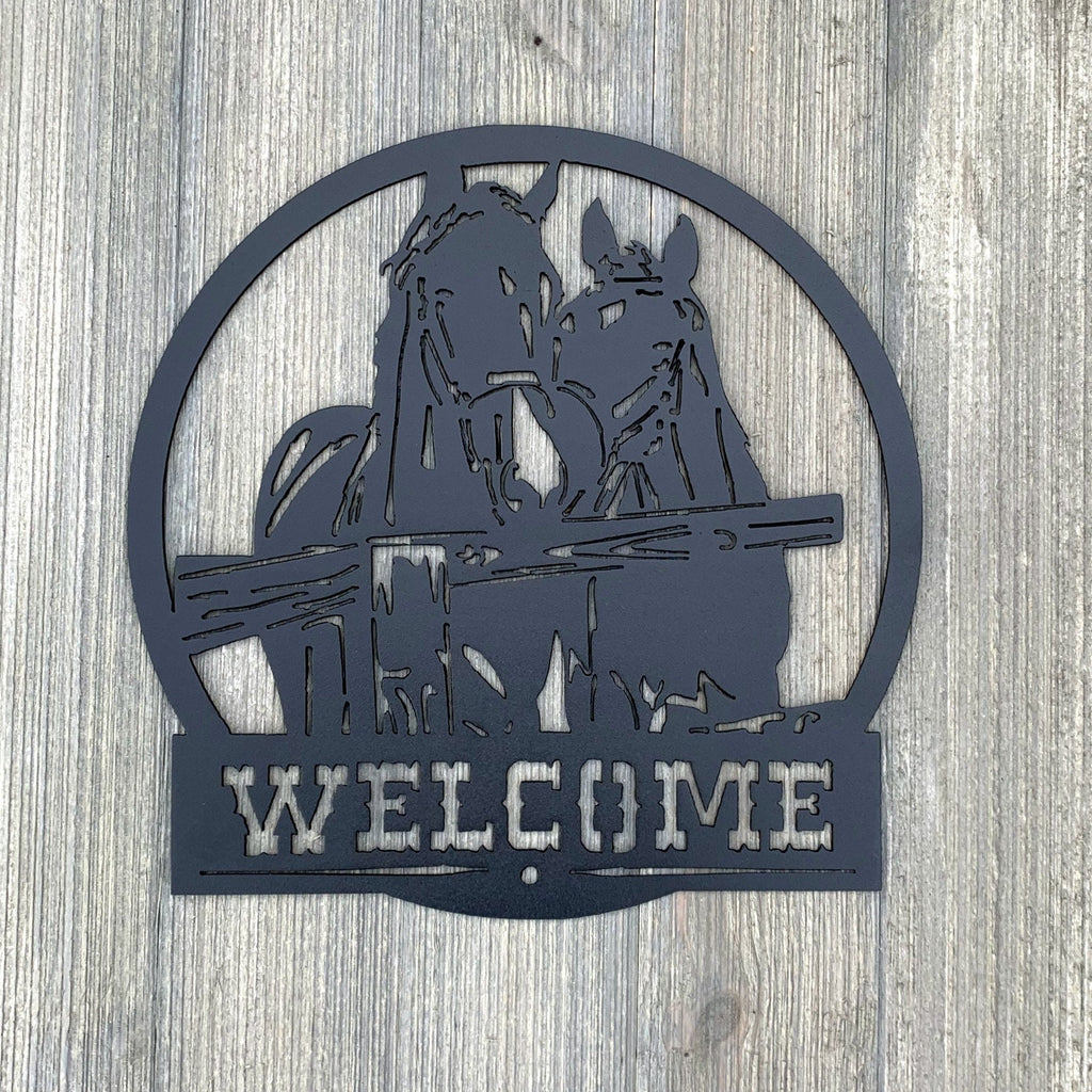 Horse Welcome Metal Sign Cutout - Horse Welcome Sign - Powder Coated Metal - Two Majestic Horses